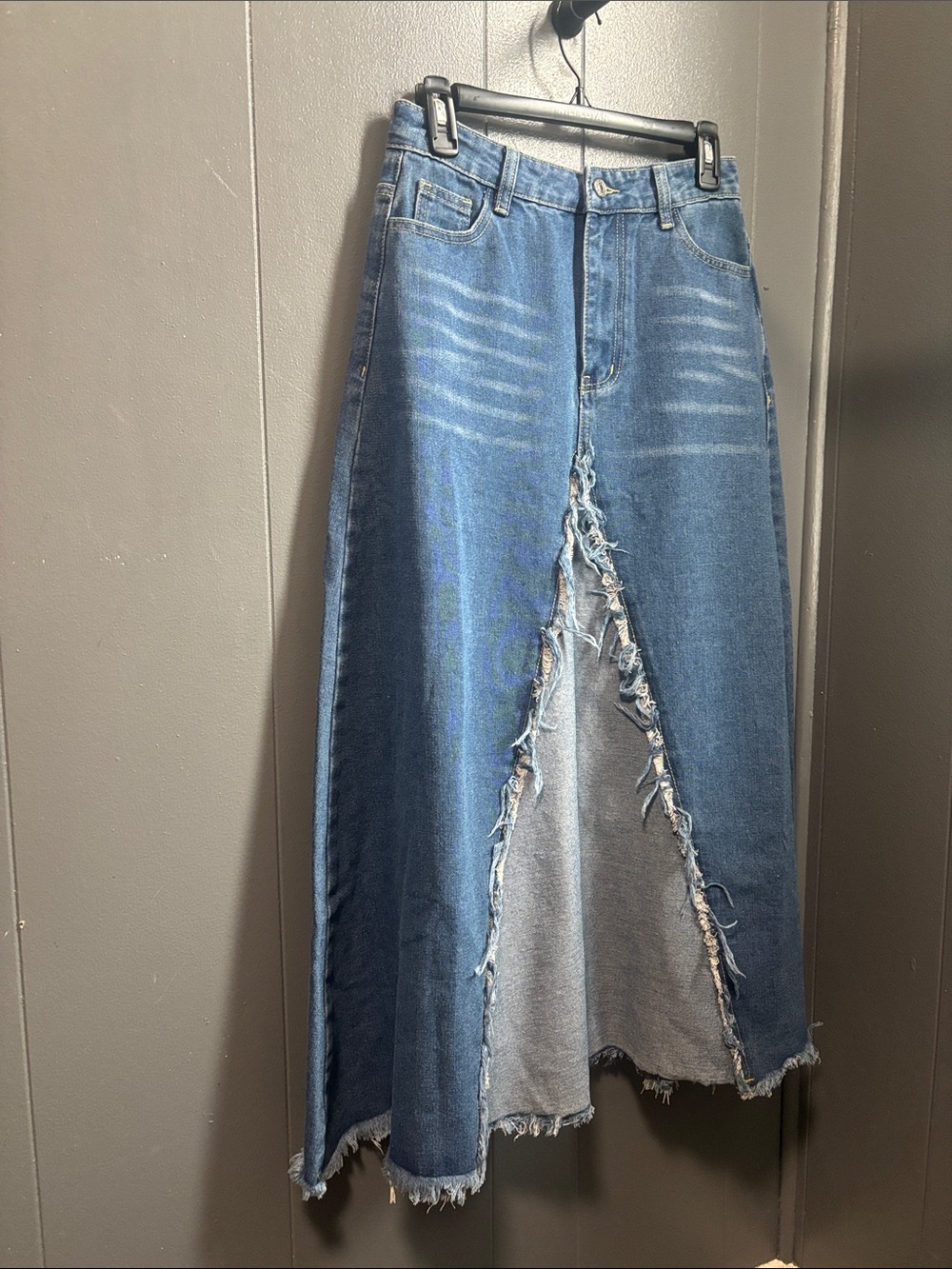 Denim A-Line Maxi Skirt with Frayed Front Slit - Blue 28” waist - Picture 2 of 9